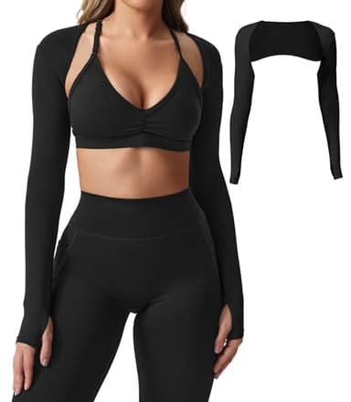 YEOREO Women Crop Top Long Sleeve Bolero Open Front Workout Cropped Shirts Sports Shrug Black S - Image 1