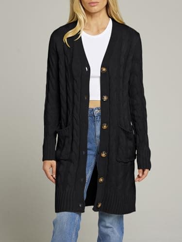 MEROKEETY Women's 2025 Long Sleeve Cardigan Sweater Fall Winter Cable Knit Open Front Button Long Outerwear, Black, XL - Image 8
