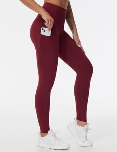 THE GYM PEOPLE Thick High Waist Yoga Pants with Pockets, Tummy Control Workout Running Yoga Leggings for Women Wine Red - Image 6