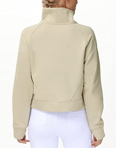 THE GYM PEOPLE Women's Half Zip Pullover Sweatshirt Fleece Stand Collar Crop Sweatshirt with Pockets Thumb Hole Khaki - Image 2
