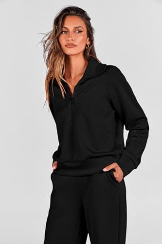 PRETTYGARDEN Women's 2025 Fall Lounge Sets Casual Half Zip Sweatshirt and Wide Leg Pants 2 Piece Outfits Sweatsuit (Black,X-Large) - Image 3