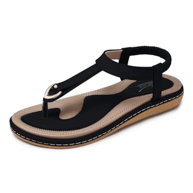 SHIBEVER Womens Sandals Summer Flat: Dressy Casual T-Strap Flip Flop Thong Flat Sandals - Black Size 8 Comfortable Walking - Image 1
