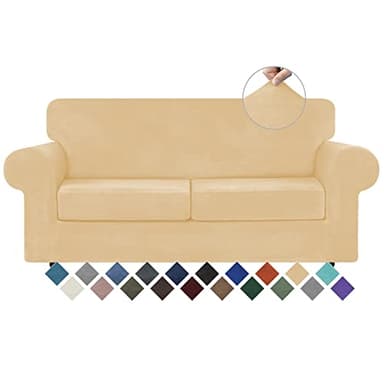 WEERRW Velvet Couch Covers for 2 Cushion Couch Sofa - High Stretch Luxury Velvet Plush 3 Pieces Sofa Slipcovers with Elastic Bottom, Furniture Protector for Pets, Machine Washable, Champagne, Medium - Image 1