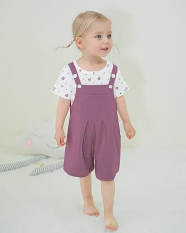 ZOEREA Toddler Girl Clothes, 2Pcs Baby Girl Outfits Spring/Summer Stripe/Floral T-Shirt+Bib Overall Shorts Clothing Set 1-5T (Purple A,12-18 Months) - Image 4