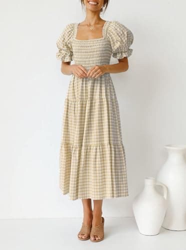 ZESICA Women's 2025 Bohemian Summer Plaid Square Neck Puff Sleeve Ruffle Flowy Beach Midi Dress,Beige,Large - Image 9