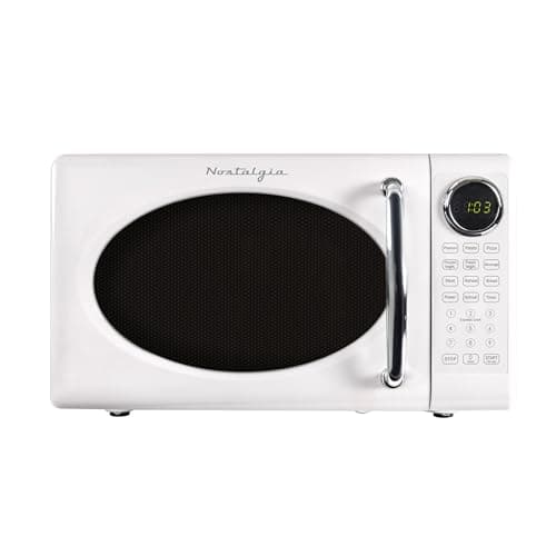 Nostalgia Retro Microwave Oven - 0.7 Cu Ft, 700-Watt Countertop Size with Glass Turntable, Child Safety Lock, 8 Auto-Cook Programs, Digital Clock - White - Image 1