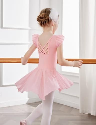 Arshiner Girls Shiny Ruffle Sleeve Ballet Leotard with Skirt Criss-Cross Back Dance Dresses - Image 5