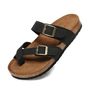 Yozuru Womens Cork Footbed Sandals Comfort Open Toe Slides Adjustable Buckle Beach Summer Flat Sandals with Arch Support - Image 1