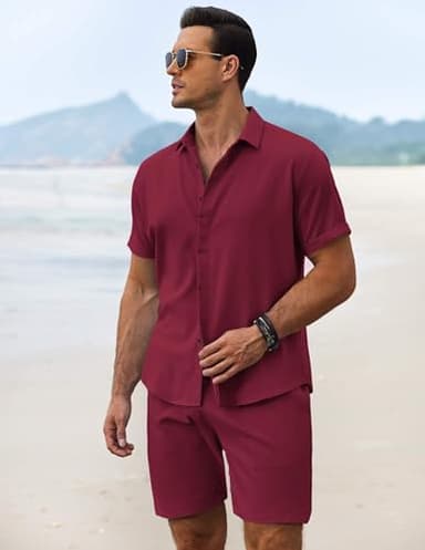 COOFANDY Men's Summer Beach Outfits 2 Piece Short Sleeve Shirts and Shorts Vacation Texture Linen Sets for Men,Wine Red,S - Image 3