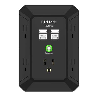 USB Wall Charger, Surge Protector, QINLIANF 5 Outlet Extender with 4 USB Charging Ports (4.8A Total) 3-Sided 1680J Power Strip Multi Plug Outlets Wall Adapter Spaced for Home Travel Office(2U2C),Black - Image 1