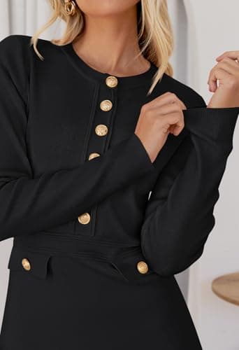 MEROKEETY Women's Fall 2025 Long Sleeve Bodycon Sweater Dress Button Crew Neck Winter Formal Mini Dresses, Black, Large - Image 5