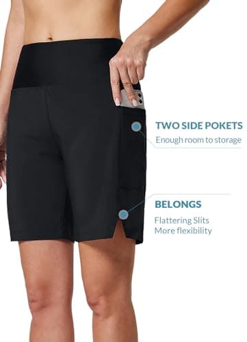 baleaf Swim Shorts Women Long 7" High Waisted Quick Dry Board Shorts Knee Length Bathing Suit Bottoms with Pockets Black L - Image 4
