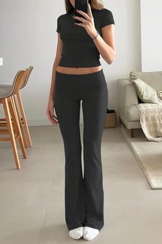 ZFLM Casual Workout Two Piece Outfits for Women Short Sleeve Crop High Waist Foldover Flare Pants Tracksuit Sets Streetwear - Image 2