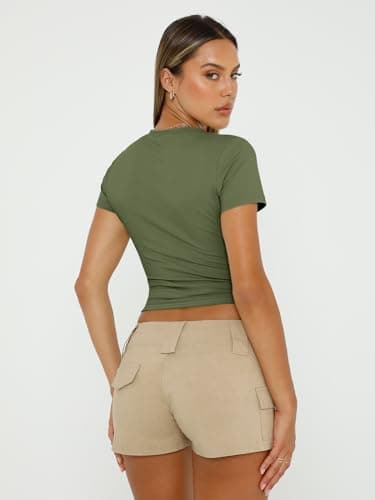 AUTOMET Womens 3 Piece Short Sleeve Shirts Basic Going Out Slim Fitted Crop Tops 2025 Summer Y2k Clothes Black,White,Army Green XL - Image 4