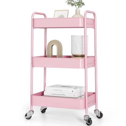 TOOLF 3-Tier Metal Rolling Cart with Wheels, Storage Utility Organizer Cart for Kitchen, Bathroom, Office, Baby Essentials & Makeup - Lockable Casters, Easy Assembly, Large Capacity, Pink - Image 1