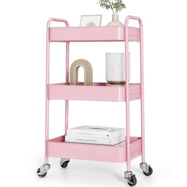 TOOLF 3-Tier Metal Rolling Cart with Wheels, Storage Utility Organizer Cart for Kitchen, Bathroom, Office, Baby Essentials & Makeup - Lockable Casters, Easy Assembly, Large Capacity, Pink - Image 1