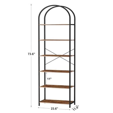 Homhedy 6-Tier Bookshelf Arched Display Racks, Wood and Metal Bookcase, Tall Bookshelf, Industrial Display Standing Shelf Unit, for Home Office, Living Room, Bedroom, Bathroom, Rustic Brown - Image 2