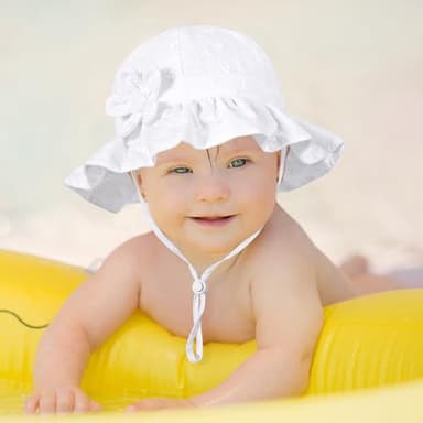 Baby Girl Wide Brim Bucket Hats with UPF 50+ Outdoor Adjustable Beach Hat with Sun Hat(0-6 Months,White Petal & Pink Petal) - Image 7