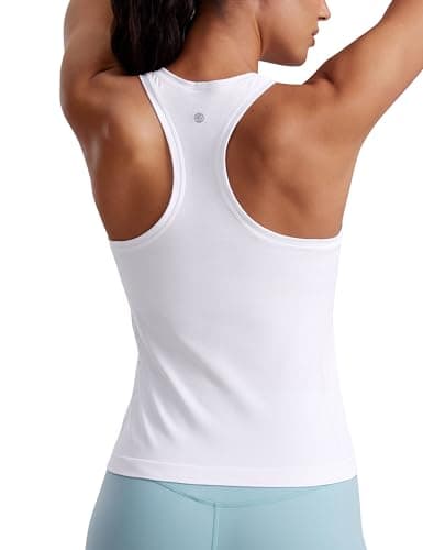 CRZ YOGA Seamless Womens Breathable Workout Tank Tops Racerback High Neck Sleeveless Running Athletic Shirts White Medium - Image 1