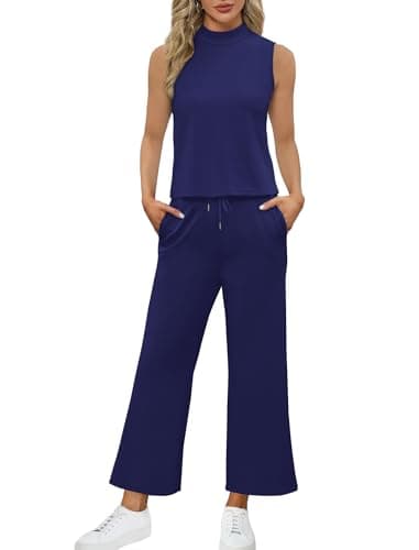 SAMPEEL Lounge Sets for Women 2 Piece 2024 Summer Casual Travel Ladies Loungewear Set Business Casual Outfits Work Mock Neck Tops Sweat Set Royal Blue M - Image 3