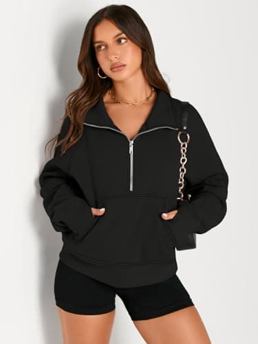 AUTOMET Womens Sweatshirts Half Zip Cropped Pullover Fleece Quarter Zipper Sweater Hoodies 2025 Fall Fashion Outfits Clothes Black Large - Image 3