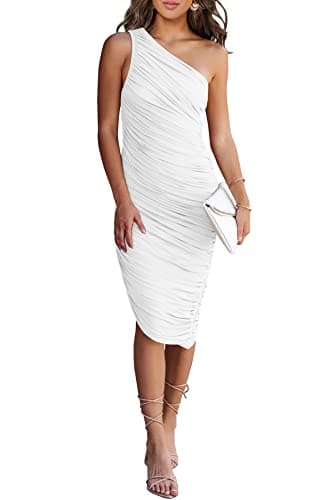 PRETTYGARDEN One Shoulder Dresses for Women 2025 Summer Ruched Mesh Asymmetrical Cocktail Wedding Guest Bodycon Dress (White,Large) - Image 1