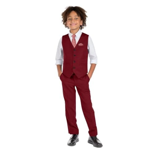 Marvelous Kids Boys 6-Piece V-Neck Formal Slim Fit Vest Suit Set, Burgundy, Size 8 - Image 1