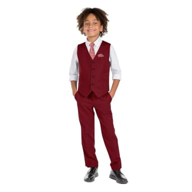Marvelous Kids Boys 6-Piece V-Neck Formal Slim Fit Vest Suit Set, Burgundy, Size 8 - Image 1