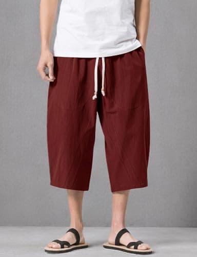 MAGNIVIT Men's 3/4 Pants Breathable Summer Beach Shorts Linen Pants with Pockets Red 40 - Image 7