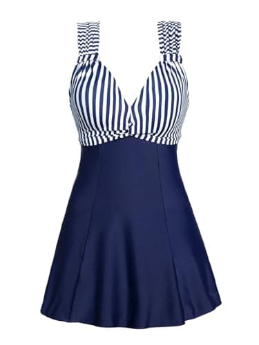 MiYang Women's One Piece High Waist Padded Swim Dress, Dark Blue Stripe, L (US 12-14) - Image 1