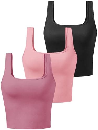 Porvike Crop Tops for Women Workout Tank Top Cropped Sleeveless Shirts Square Neck Tanks Basic Gym Exercise Clothes 3 Pack Rose/Pink/Black L - Image 1