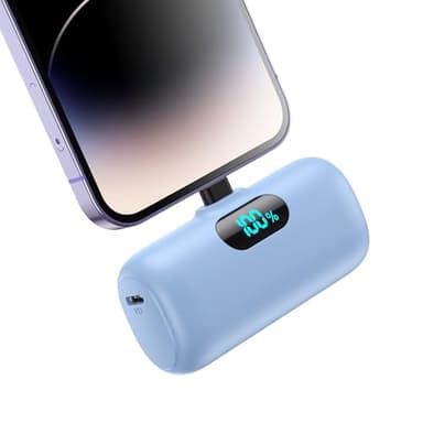 Mini Portable Charger for iPhone,Upgraded 5000mAh PD Fast Charging Battery Pack,LCD Display Cute Power Bank Portable Phone Charger for iPhone 14/14 Pro Max/13/13 Pro/12 Pro/11/XS/XR/X/8/7/6-Light Blue - Image 1