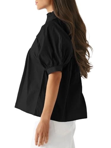 Cicy Bell Womens Puff Sleeve V Neck Blouse Babydoll Peplum Tops Dressy Casual Pleated Loose Fit Shirts Black - Image 2