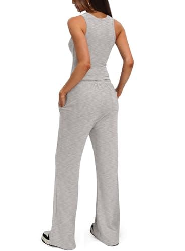 Darong Women's Two Piece Outfit Crew Neck Tank Top with Drawstring Long Wide Leg Pants Tracksuit Lounge Set 9054B Light Grey S - Image 2