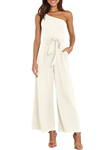 ANRABESS Women Summer Dressy Jumpsuits One Shoulder Sleeveless Casual Wide Leg Pants Romper Jumper 2025 Trendy Fall Outfits White Large - Image 1