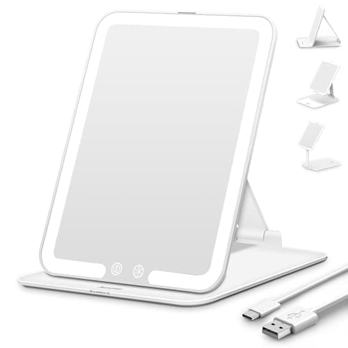 Auxmir Travel Makeup Mirror with Light, Portable Folding Lighted Travel Makeup Mirror with 72 LEDs, Rechargeable Compact Vanity Mirror with 3 Dimmable Color Lights, Adjustable Height and Angle, White - Image 1