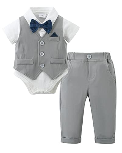 DISAUR Baby Boy Clothes Toddler Boy Outfits, 4PC Gentleman Short Sleeves Romper + Vest + Pants + Bow Tie Cotton Suit Set (Gray, 12-18 months) - Image 1