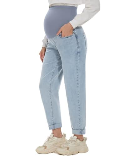 POSHGLAM Women's Maternity Jeans Over Belly Comfy Stretch 28'' Boyfriend Jeans Loose Pregnancy Pants(Light Blue, Medium) - Image 1