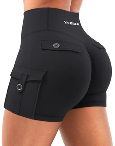 YEOREO CoreFlex Women Workout Gym Shorts with Cargo Pockets Hidden Scrunch 3.6" 4.5" Inseam No Front Seam Biker Shorts Black M - Image 7