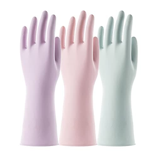 COOLJOB 3 Pairs Colorful Household Gloves with Cotton Liner & Non-slip Grip, Water Resistant Reusable Dish Washing Rubber Gloves for Kitchen & Bathroom Cleaning, Medium - Image 1
