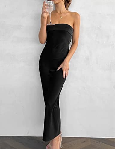 Realtix Satin Silk Backless Tube Tops Maxi Dress for Women Low Back Hollow Out Elegant Strapless Long Dresses Wedding Guest Black - Image 4