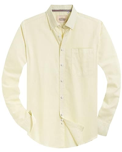 Alimens & Gentle Mens Solid Oxford Shirt Long Sleeve Dress Shirt Work Casual Button Down Shirts with Pocket Light Yellow - Image 1
