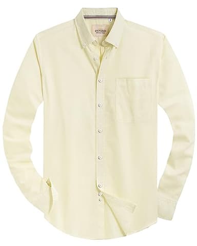 Alimens & Gentle Mens Solid Oxford Shirt Long Sleeve Dress Shirt Work Casual Button Down Shirts with Pocket Light Yellow - Image 1