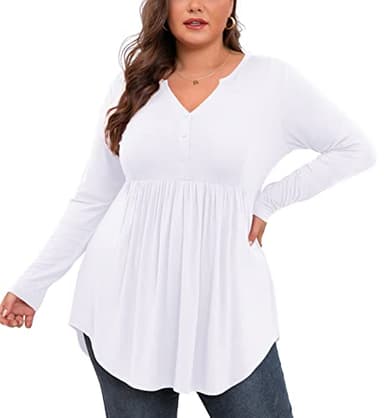 SHIJIALI Women's Plus Size Henley Shirts V Neck Button Tunic Tops Casual Long Sleeve Swing Flowy Blouse White-4X-Large - Image 4