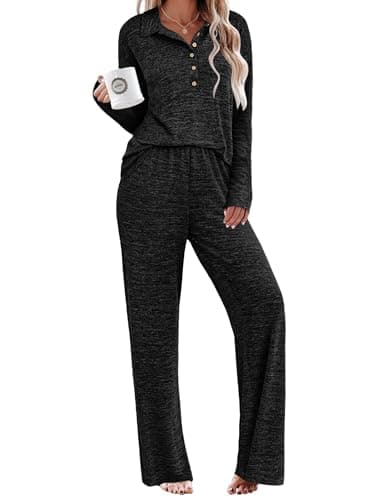 Ekouaer Womens Fall Pajamas Lounge Sets Long Sleeve Button Down Sleepwear Nightwear Soft Pjs Lounge Sets Black, Small - Image 1