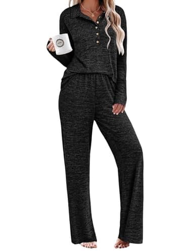 Ekouaer Womens Fall Pajamas Lounge Sets Long Sleeve Button Down Sleepwear Nightwear Soft Pjs Lounge Sets Black, Small - Image 1