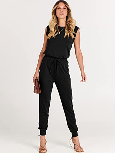 ANRABESS Womens Summer Sleeveless Jumpsuits Casual Dressy Stretchy Crewneck Rompers One Piece Outfits Fall Fashion 2025 Black Large - Image 3