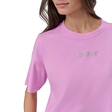 DKNY Women's Short Sleeve Rhinestone Logo Relaxed Cropped Tee, Fuschia Sky/Silver, Large - Image 5