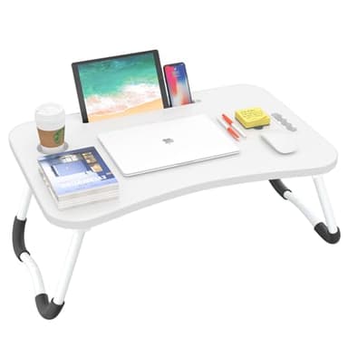 BUYIFY Folding Lap Desk, 23 Inch Portable Wood White Laptop Bed Desk Lap Desk with Cup Holder, for Working Reading Writing, Eating, Watching Movies for Bed Sofa Couch Floor - Image 1