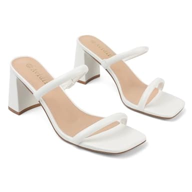 Avidirk Women's Square Open Toe Heeled Sandals Two Strap Mules Slip On Block Chunky Mid White Heels Sandals - Image 3